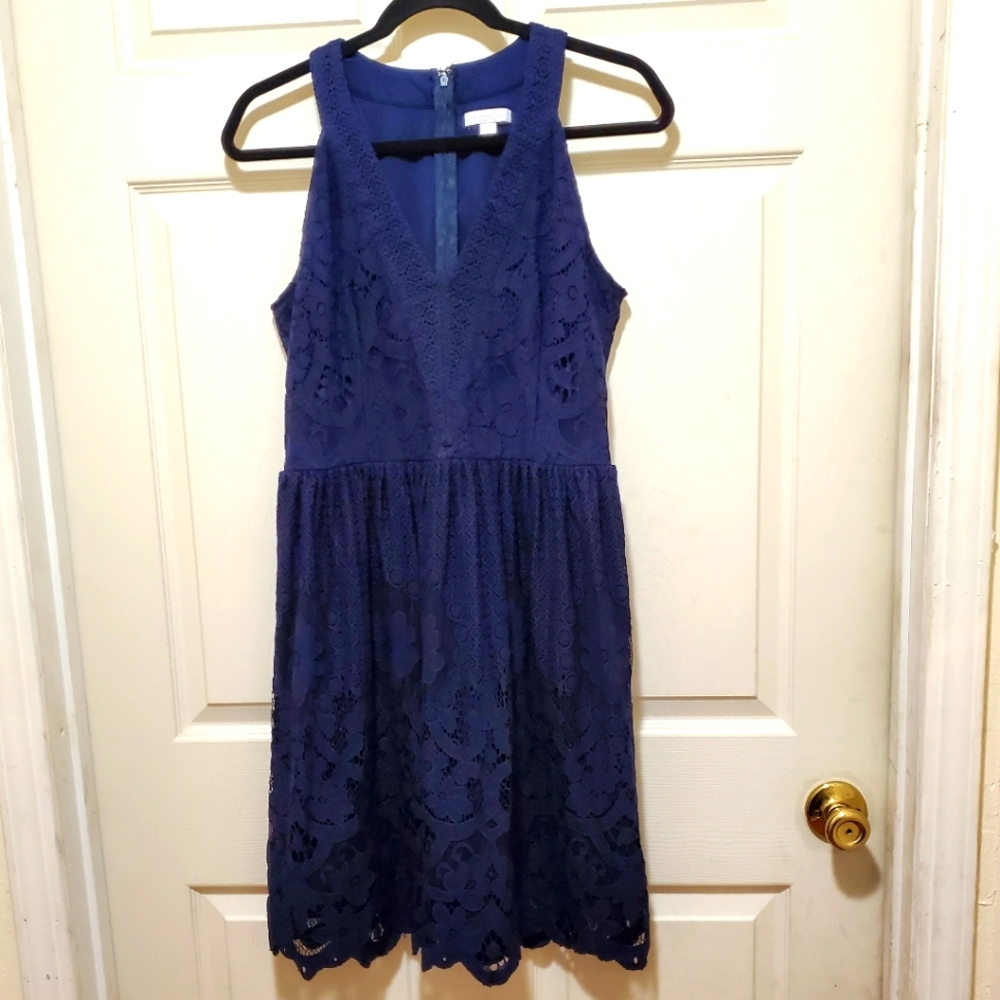 NY&Co Lace Overlay Flare Dress Women's Size 8 Grand Sapphire